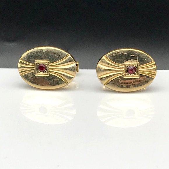 Vintage Oval Cuff Links, Dapper Gold Tone with Red Accent Crystal, Gift for Him - Picture 1 of 5